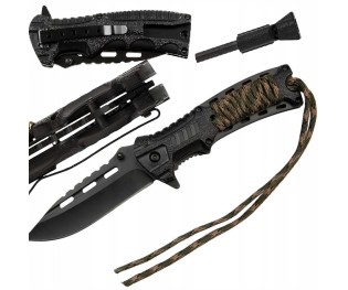 Nóż Składany Taktyczny Sprężynowy Linka Paracord Krzesiwo Wojskowy Survival