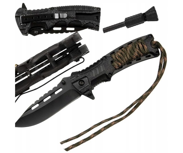 Nóż Składany Taktyczny Sprężynowy Linka Paracord Krzesiwo Wojskowy Survival